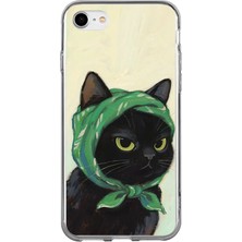 TechTree iPhone 7-8-Se 2020 Uyumlu Babushka Yeşil Başörtülü Siyah Kedi Baskılı Silikon Kılıf