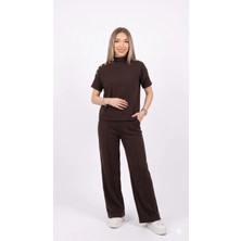 Shine & Style Islana Omuz Düğmeli Modal Kumaş Takım Kahverengi