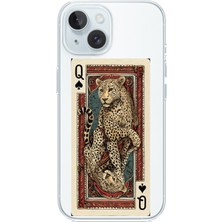TechTree iPhone 15 Uyumlu Iskambil Kağıdı Tasarımlı Leopar Portre Baskılı Silikon Kılıf