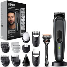 Braun Hepsi Bir Arada Seti 7, 17'si 1 Arada Çoklu Bakım, Sakal Kesme Makinesi, Burun Kılı Kesme Makinesi, Yüz, Baş ve Vücut Için Saç Kesme Makinesi, 100 Dakikalık Pil, Su Geçirmez, MGK7491, Siyah