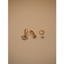 Stelle Jewelry Trend Gold 3’lü Kombin Küpe Seti Incili, Deniz Yıldızlı, Deniz Kabuğu Figürlü