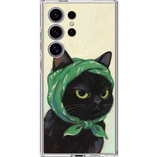 TechTree Samsung Galaxy S24 Ultra Uyumlu Babushka Yeşil Başörtülü Siyah Kedi Baskılı Silikon Kılıf