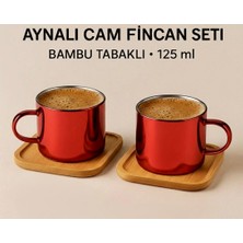 Aşkana Aynalı Borosilikat Cam Türk Kahvesi Fincan SETI,KIRMIZI,2X125ML–BAMBU Tabaklı, Isıya Dayanıklı,mor
