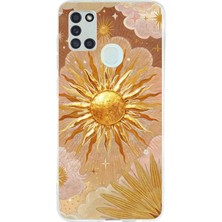 TechTree Samsung Galaxy A21S Uyumlu Altın Güneş ve Yıldız Desenli Baskılı Silikon Kılıf