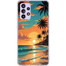 TechTree Samsung Galaxy A32 Uyumlu Tropikal Sahil ve Gün Batımı Baskılı Silikon Kılıf