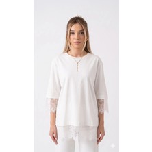 Shine & Style Sırt Dantel Detay Bisiklet Yaka Modal Tişört Beyaz