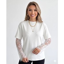 Shine & Style Dantel Detaylı Kısa Kol Modal Oversize Tişört Beyaz