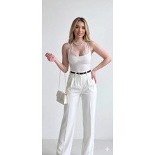 Shine & Style Dantel Detaylı Askılı Bodysuit Beyaz