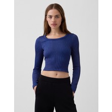 Gap Kadın Mavi Gapfit Dikişsiz Fitilli Crop T-Shirt