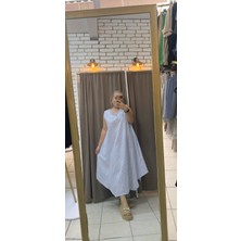 Tuba Toptaş Büyük Beden Cepli Çizgili Salaş Dokuma Elbise Açık Mavi 3xl - 4xl