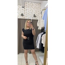 Tuba Toptaş Çizgili Krep Elbise Siyah S