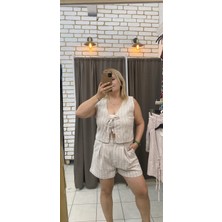 Tuba Toptaş Keten Çizgili Şortlu Takım Krem - Saks Mavi S