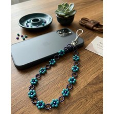 My Balli Store Mavi Çiçekli Boncuklu Telefon Askısı / Phone Charm