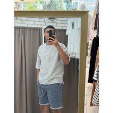 Tuba Toptaş Çizgili Fakir Kol Oversize Gömlek Bej - Mavi Xl