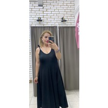Tuba Toptaş V Yaka Salaş Penye Elbise Siyah Standart