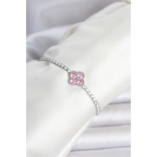 Inure Jewelry Pirinç Gümüş Renk Pembe Zirkon Taşlı Yonca Model Su Yolu Kadın Bileklik