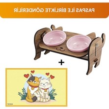 Aesco Gobypet Ahşap Kedi Mama ve Su Kabı ile Kedi Köpek Paspası - Çift Hazneli Seramik Demonte Mama Su Kabı - Ayarlanabilir (Pembe Seramik)