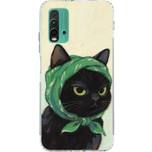 TechTree Redmi 9t-Poco M3 Uyumlu Babushka Yeşil Başörtülü Siyah Kedi Baskılı Silikon Kılıf