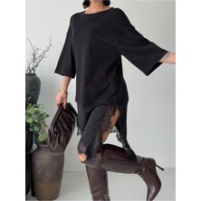 Vesantia Kadın Siyah Uzun Dantel Detaylı Oversize T-Shirt