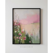 Ninastore Empresyonist Bahar Çiçekli Manzara, Yumuşak Pembe Kır Çiçeği Tablosu, Romantik Doğa Sanatı, Rüya
