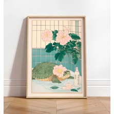 Ninastore Deniz Kaplumbağası Banyo Baskısı: Japon Ukiyo-E Tarzı Çiçek Sanatı