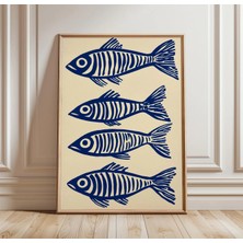 Ninastore Balık Posteri | Mavi Deniz Temalı Duvar Sanatı | Minimalist Kıyı Illüstrasyon Baskısı | Iskandinav