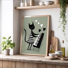 Ninastore Minimalist Kedi Piyano Duvar Sanatı - Siyah Kedi Sevgililer Günü Baskısı - Caz Müzik Kedi Posteri -