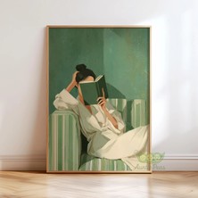 Ninastore Zümrüt Yeşili Kadın Kitap Okuyor Duvar Sanatı - Rahat Kitap Sever Baskısı - Minimalist Modern Ev