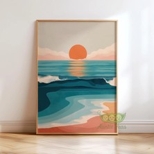 Ninastore Retro Okyanus Gün Batımı Duvar Sanatı - Soyut Kıyı Dalgaları Posteri - Modern Plaj Manzarası