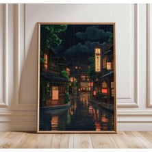 Ninastore Japon Sokaklarında Yağmurlu Bir Gece Posteri - Sokak Lambaları ve Yansımalar - Japon Şehir