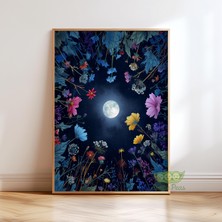 Ninastore Ay Işığında Çiçek Bahçesi Posteri - Botanik Gece Gökyüzü Duvar Sanatı - Büyülü Çiçek Baskısı - Kır