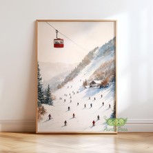 Ninastore Vintage Kayak Pisti Duvar Sanatı - Kış Kayak Teleferiği Tablosu - Alp Dağı Manzarası Baskısı -