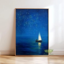 Ninastore Gustav Klimt Gece Denizi Baskısı - Yıldızlı Tekne Tablosu - Rüya Gibi Mavi Okyanus Duvar Sanatı -