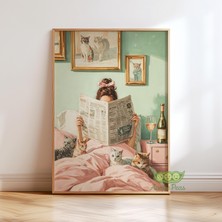 Ninastore Neşeli Kitap Okuyan Kedi Duvar Sanatı - Kedilerle Kitap Okuyan Kadın Baskısı - Rahat Yatak Odası