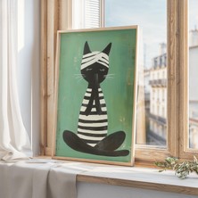 Ninastore Minimalist Siyah Kedi Yoga Sanatı - Meditasyon Yapan Kedi Baskısı - Orta Çağ Moderni Kedi