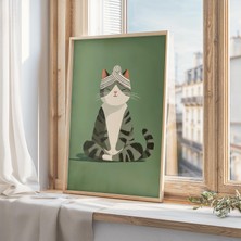 Ninastore Minimalist Çizgili Kedi Yoga Sanatı - Meditasyon Yapan Kedi Baskısı - Orta Çağ Moderni Kedi