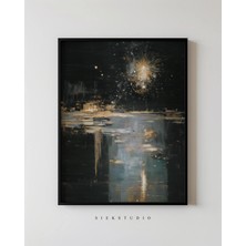 Ninastore Modern Dekorasyon Için Altın Vurgularla Karanlık Kıyı Yansıması Yıldızlı Gece Manzarası Tablosu -