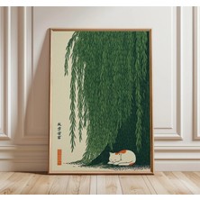 Ninastore Söğüt Ağacı Altındaki Kedi Duvar Sanatı - Japon Tarzı Baskı - Yeşil Doğa Posteri