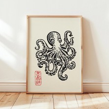 Ninastore Japon Ahtapotu Duvar Sanatı - Vintage Deniz Canlısı Baskısı - Minimalist Okyanus Illüstrasyonu -