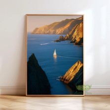 Ninastore Yelkenli Tekne Kıyı Duvar Sanatı - Okyanus Kayalığı Posteri - Deniz Manzarası Baskısı - Minimalist