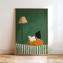 Ninastore Zümrüt Yeşili Kitap Okuyan Kadın Sanat Baskısı - Rahat Kitap Sever Posteri - Modern Minimalist