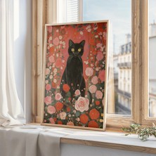 Ninastore Siyah Kedi Sanat Baskısı - Klimt Bahçe Kedisi Posteri - Gül Çiçekli Duvar Sanatı - Komik Kedi