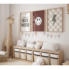Ninastore 3'lü Set - Yaşasın Erkek Çocukluğu - Bohem Çocuk Odası - Kareli Çocuk Odası Posteri - Erkek Bebek