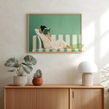 Ninastore Zümrüt Yeşili Kadın Kitap Okuyor Duvar Sanatı - Rahat Kitap Sever Baskısı - Minimalist Modern Ev