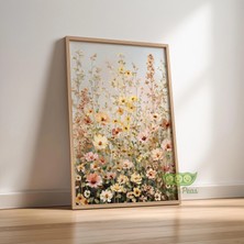 Ninastore Çerçeveli Kır Çiçeği Çayırı Duvar Sanatı - Yumuşak Çiçek Tarlası Baskısı - Pastel Botanik Tablo -