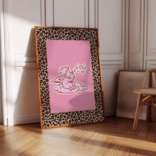 Ninastore Leopar Desenli Melek Posteri - Pembe Aşk Tanrısı Duvar Sanatı - Yurt Odası Dekorasyonu - Kız Çocuk