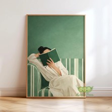 Ninastore Zümrüt Yeşili Kadın Kitap Okuyor Duvar Sanatı - Rahat Kitap Sever Baskısı - Minimalist Modern Ev
