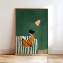 Ninastore Zümrüt Yeşili Kitap Okuyan Kadın Sanat Baskısı - Rahat Kitap Sever Posteri - Modern Minimalist