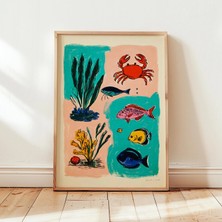Ninastore Deniz Canlıları Posteri | Renkli Okyanus Duvar Sanatı | Balık Yengeç Mercan Baskısı | Kıyı