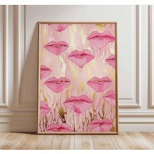 Ninastore Pembe Dudaklar Duvar Sanatı Baskısı - Altın Damla Tasarımlı Göz Alıcı Pop Art Poster - Cesur ve
